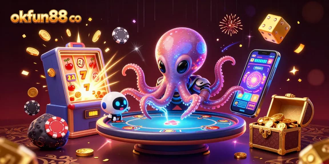 Experience thrilling gaming action at okfun88 co with an alien octopus and robot at a holographic poker table