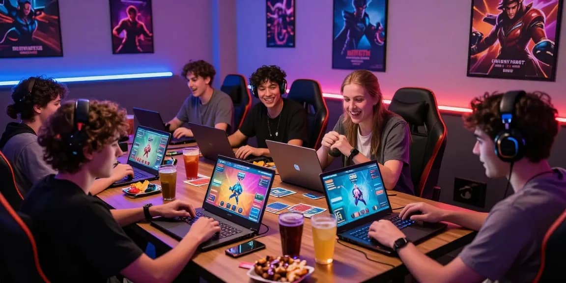 Engaged players enjoying B52 online gaming with colorful graphics and snacks.