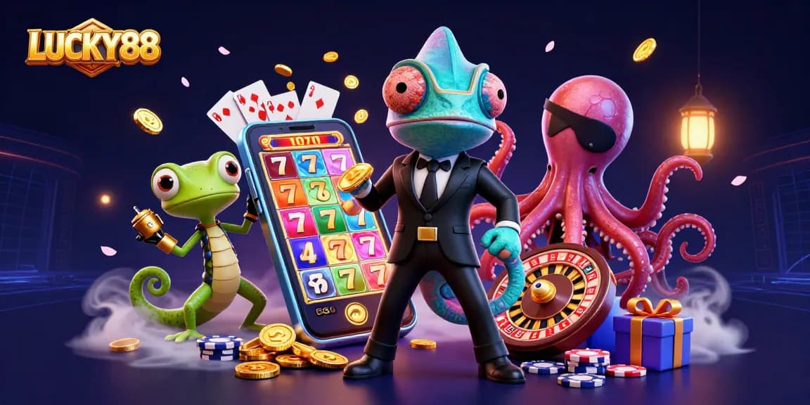 LUCKY88 offers thrilling spins with vibrant characters and engaging gaming elements in a dynamic casino scene.