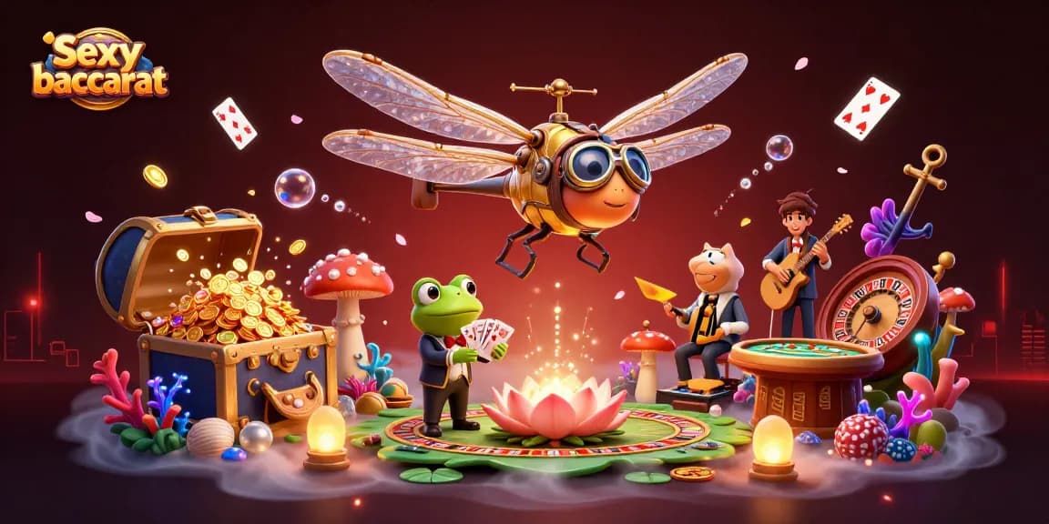 Experience the thrill of Sexy baccarat with a lively casino scene featuring a dragonfly pilot and frog dealer.
