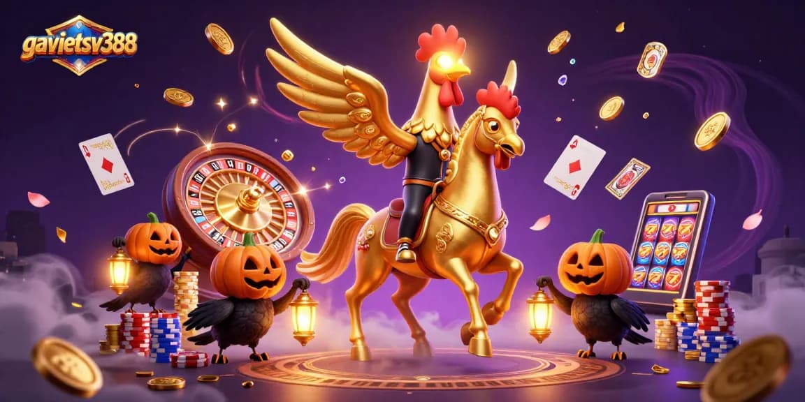 Experience the thrilling nightlife at gavietsv388 casino with a golden rooster and treasure.