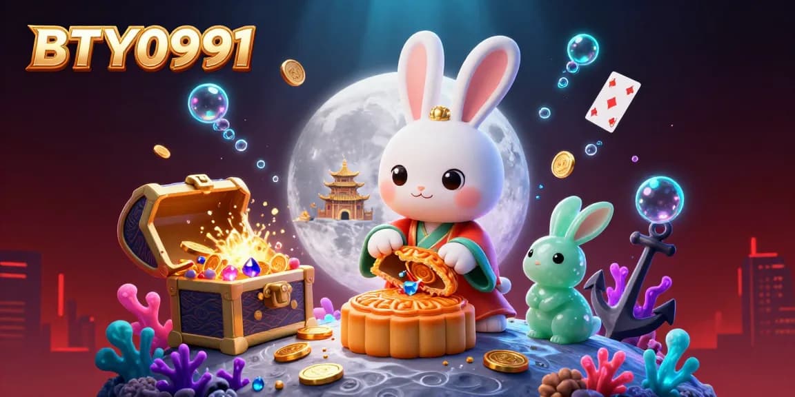 Experience the excitement of BTY0991 with a vibrant casino scene featuring a moon rabbit and poker chips.