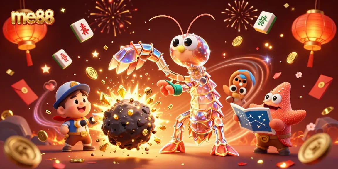 Engage in thrilling gaming with me88's vibrant 3D casino illustration featuring galactic elements.