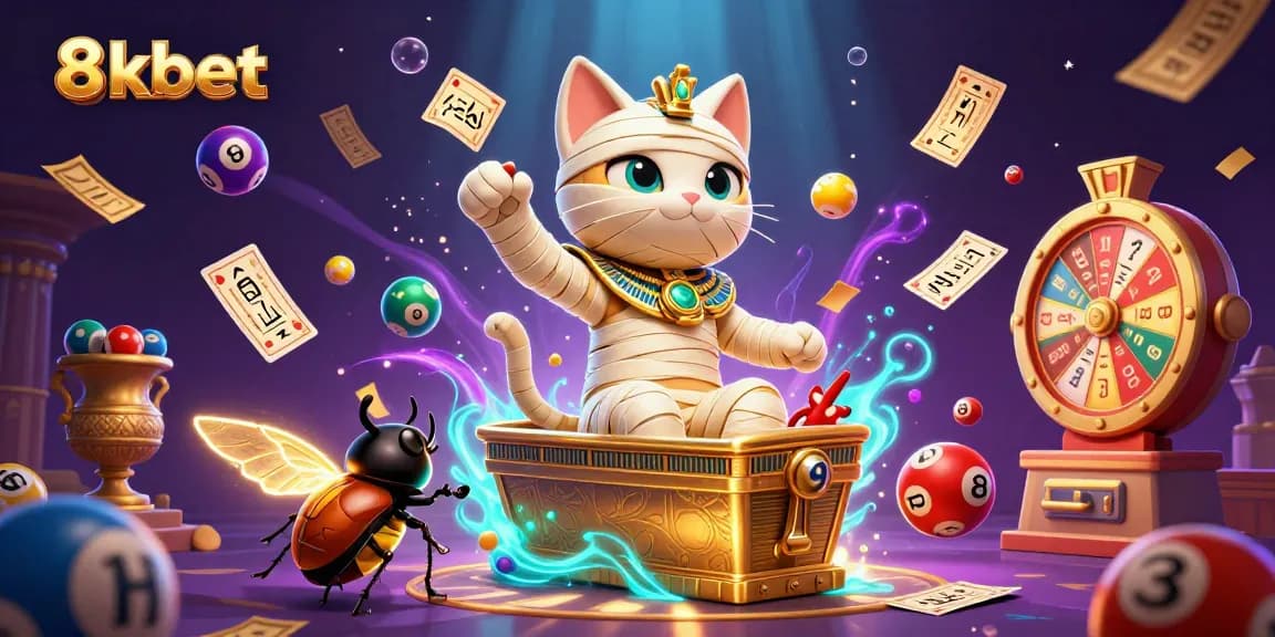 Engage with the thrilling world of 8xbet as a mummy cat and a glowing scarab beetle come to life among dynamic casino elements.