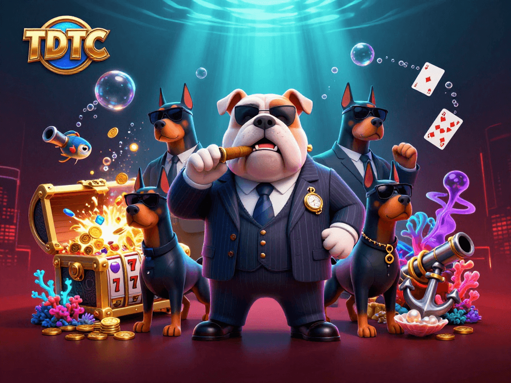 Experience TDTC's vibrant underwater gambling scene with a mafia bulldog and glowing treasures.