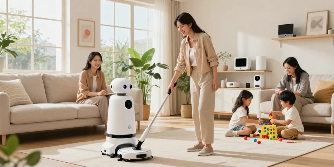Home robot assisting family in a modern living room while kids play, showcasing smart home integration.