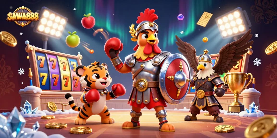 SAWA888 showcases an energetic scene with a gambling-themed cartoon rooster, slot elements and vibrant light effects.