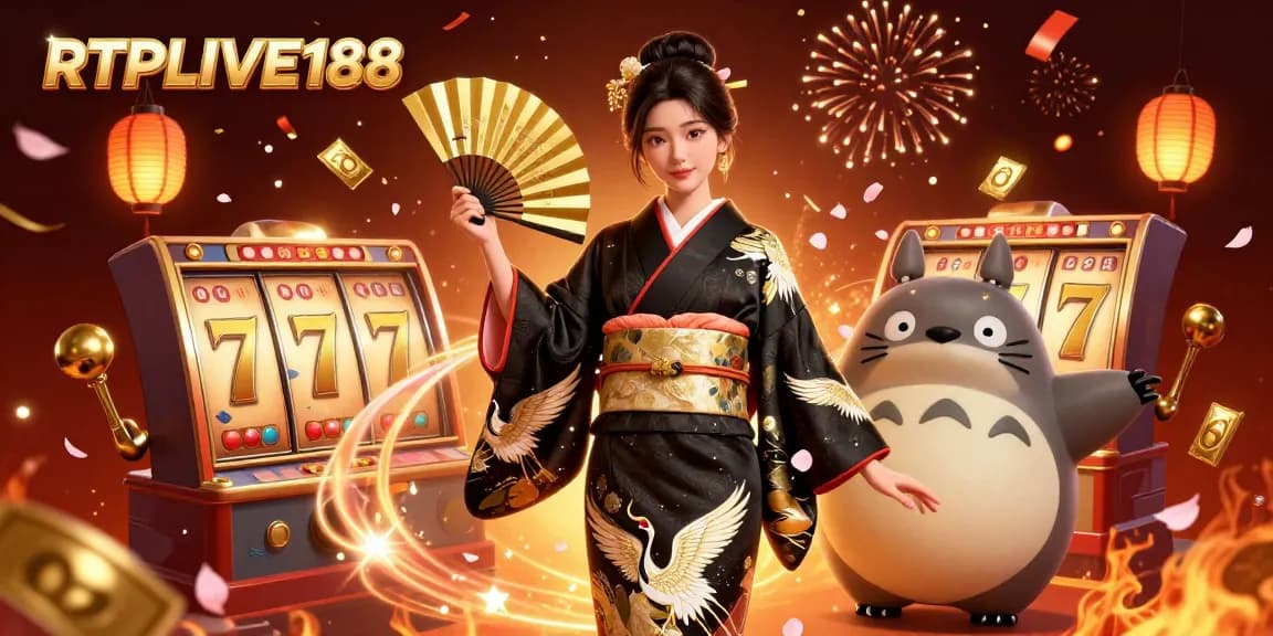 Rasakan kemenangan besar dengan RTPLIVE188: Ilustrasi kasino 3D yang cerah menampilkan slot dan jackpot yang mengasyikkan.