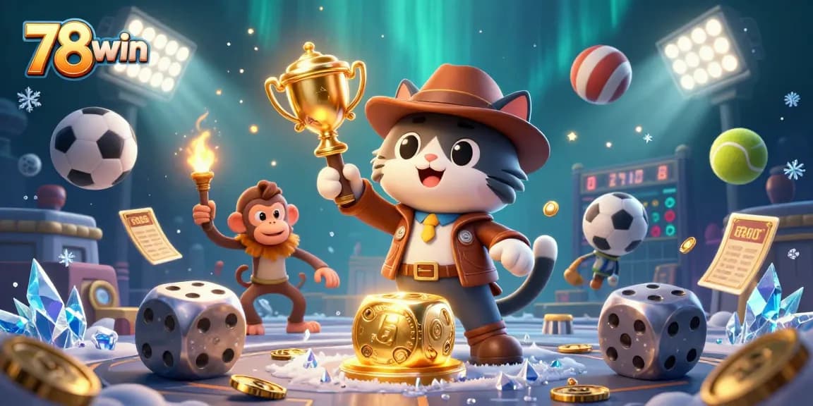 Join the adventure at 78win as a cat explorer finds a golden casino artifact amidst sports excitement.