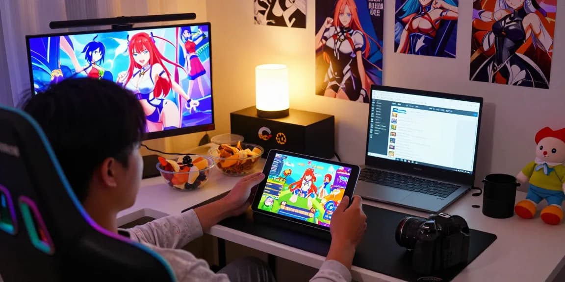 Playing an engaging android hentai game in a cozy bedroom ambiance.