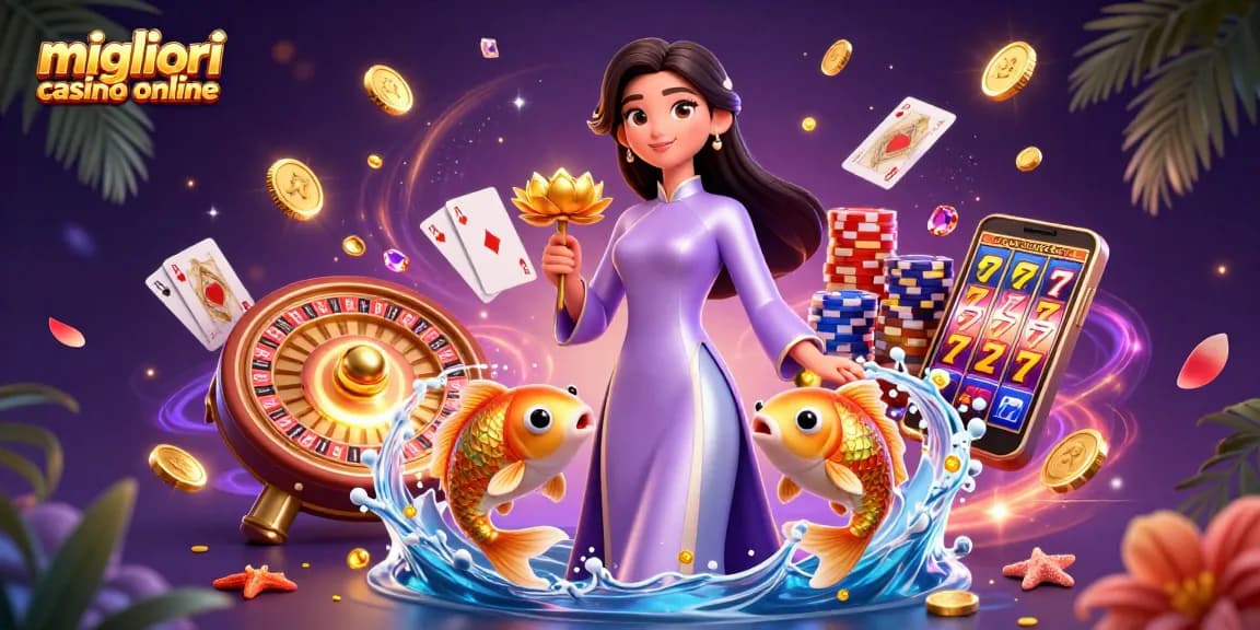 Migliori casinò online presentati con una donna asiatica elegante in un ambiente sofisticato tra elementi di gioco come monete e una ruota della roulette.