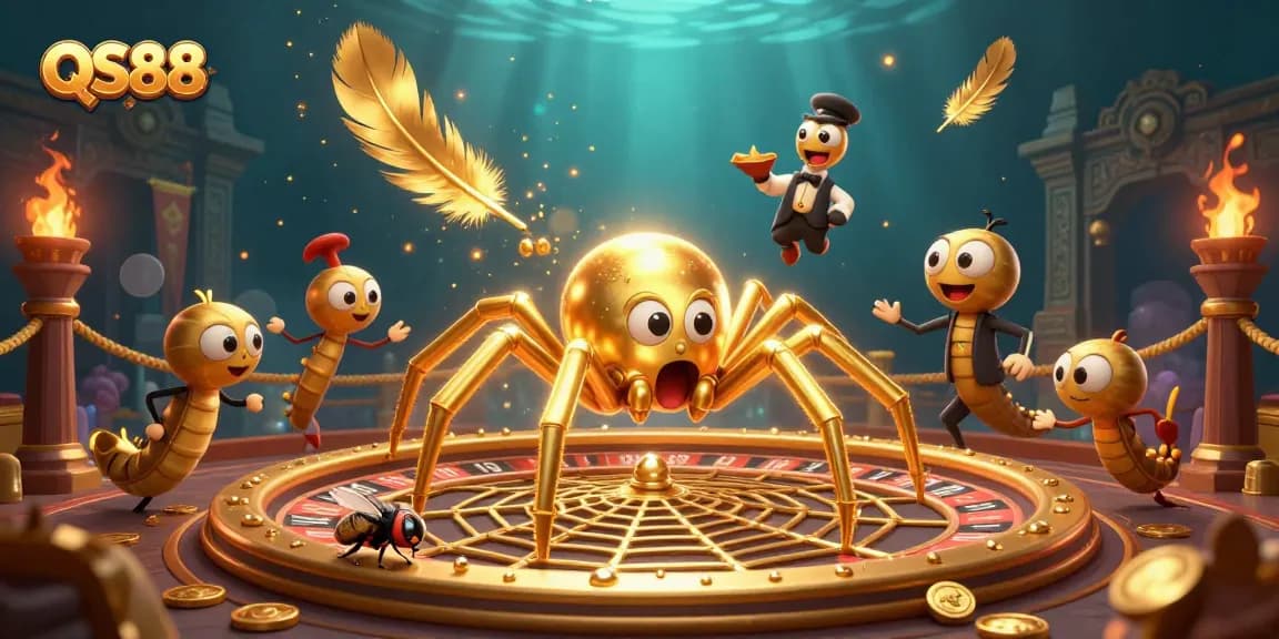 Experience thrilling gameplay at QS88 with vibrant characters, a roulette-themed web, and gold coins.