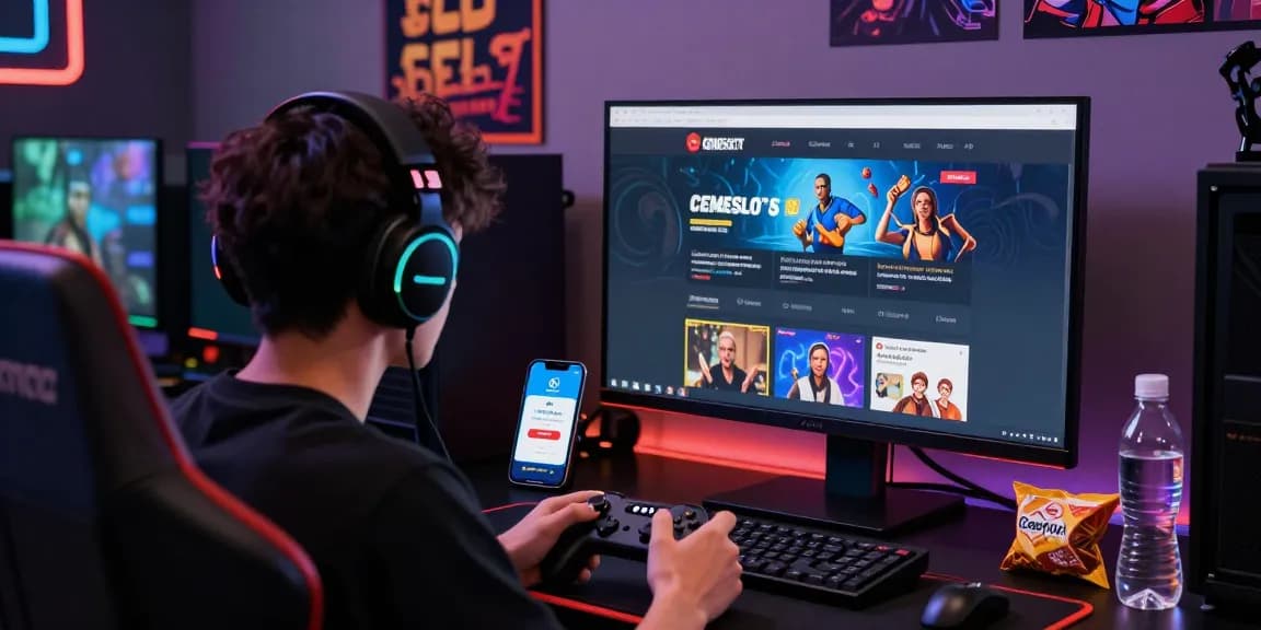 Engaging gaming setup showcasing CEMESLOT portal login process, featuring player focused on fast access and security, emphasizing Link Alternatif Cemeslot.