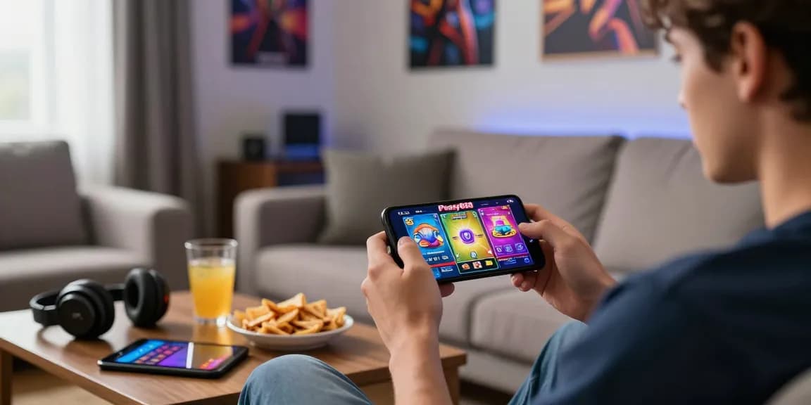 Pussy888 Download engaging mobile gaming scene with player enjoying vibrant game visuals on smartphone in a cozy living room.