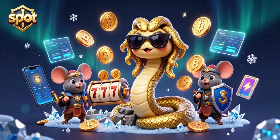 Menangkan slot dengan karakter Medusa dan mouse pahlawan dalam ilustrasi kasino yang penuh warna.