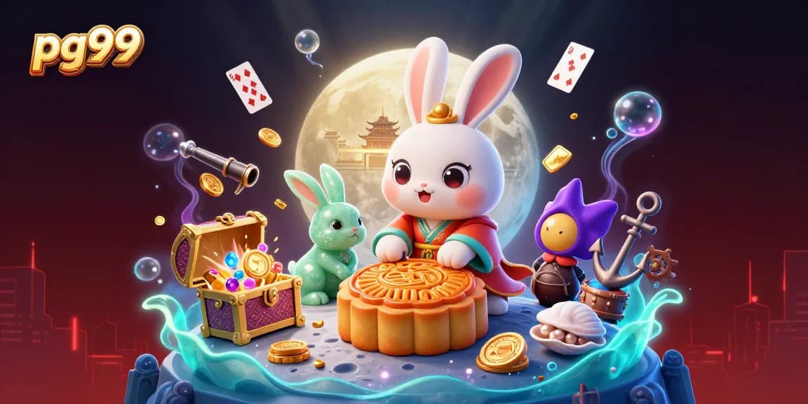Play and win at pg99 with vibrant casino elements featuring lucky moon rabbit and treasures.