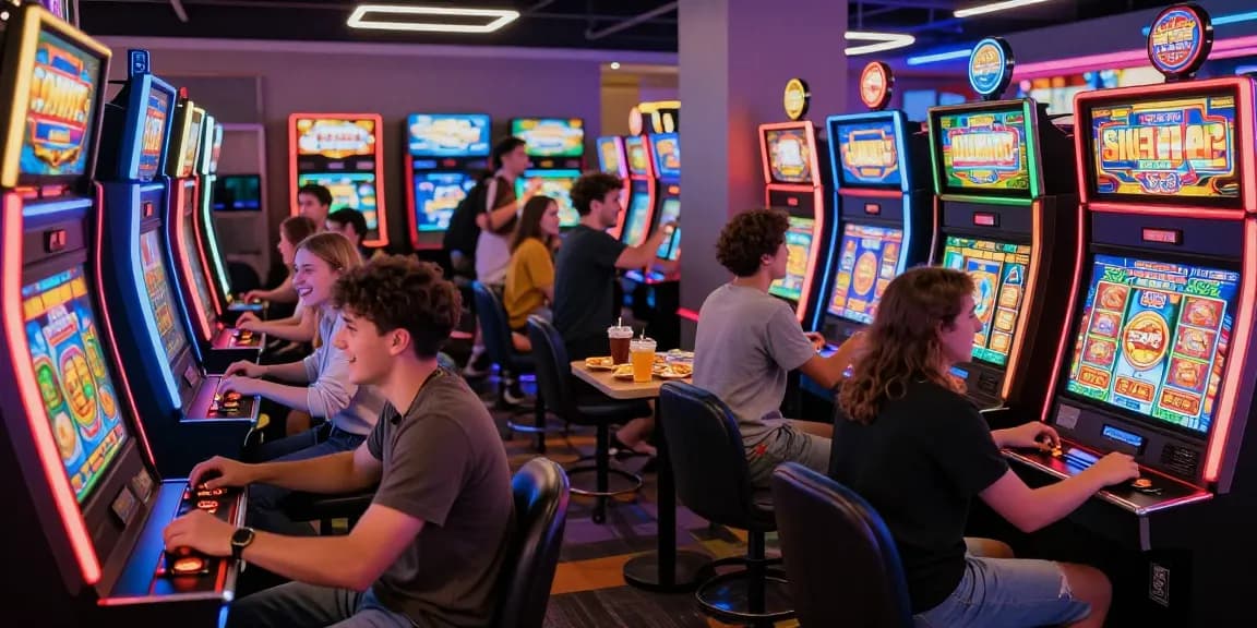Exciting gaming scene featuring friends enjoying sunwin slot machines in a lively arcade atmosphere.