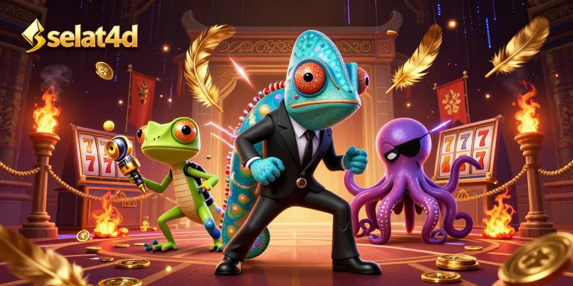 Engage in thrilling gameplay with selat4d's vibrant casino scene, featuring colorful characters and slot elements.