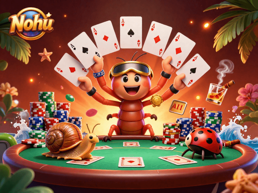 Nohu casino scene showcasing a millipede dealer and high-roller snail amidst vibrant poker elements