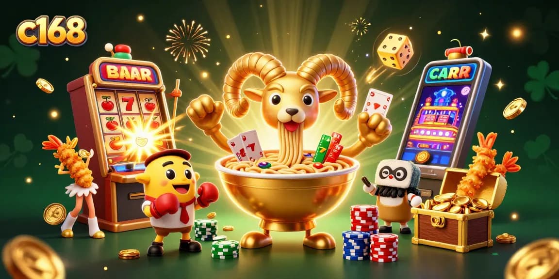 c168 highlights thrilling casino action featuring a vibrant ramen bowl with dynamic characters and slot machine