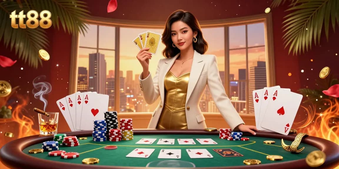Play your cards right with tt88 at this stunning casino scene featuring a glamorous Asian dealer and vibrant poker elements.