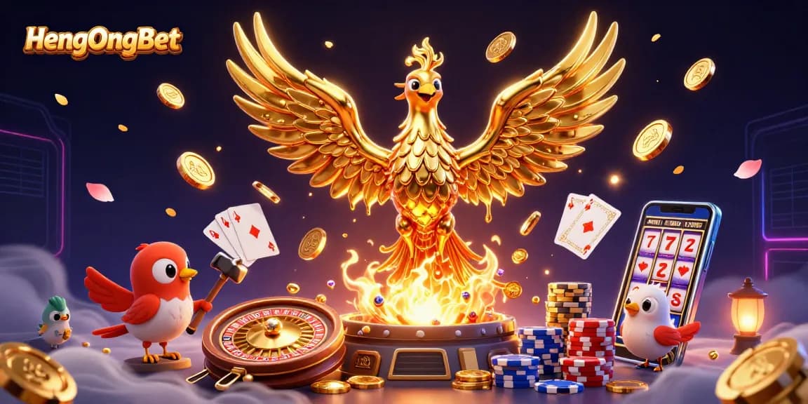 Join HengOngBet's thrilling casino experience with golden phoenix, coins, and live gaming elements.