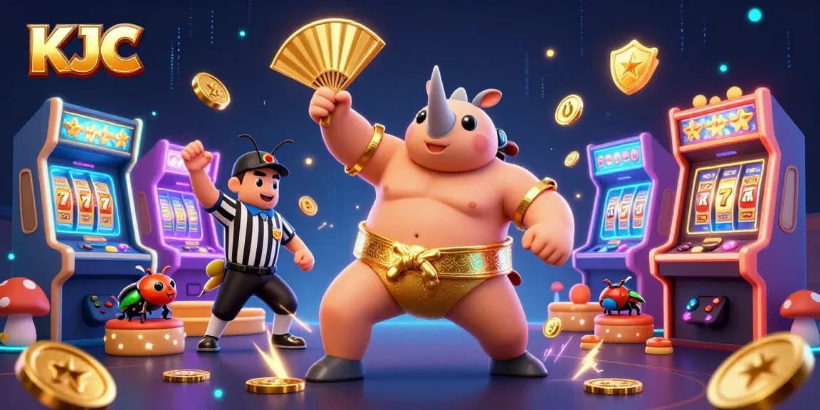 KJC sumo beetle champion stomps golden coins with arcade slots and glowing game machines.