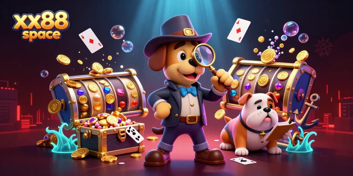 Win big at xx88 space in this vibrant 3D casino scene featuring active slots and clever characters.
