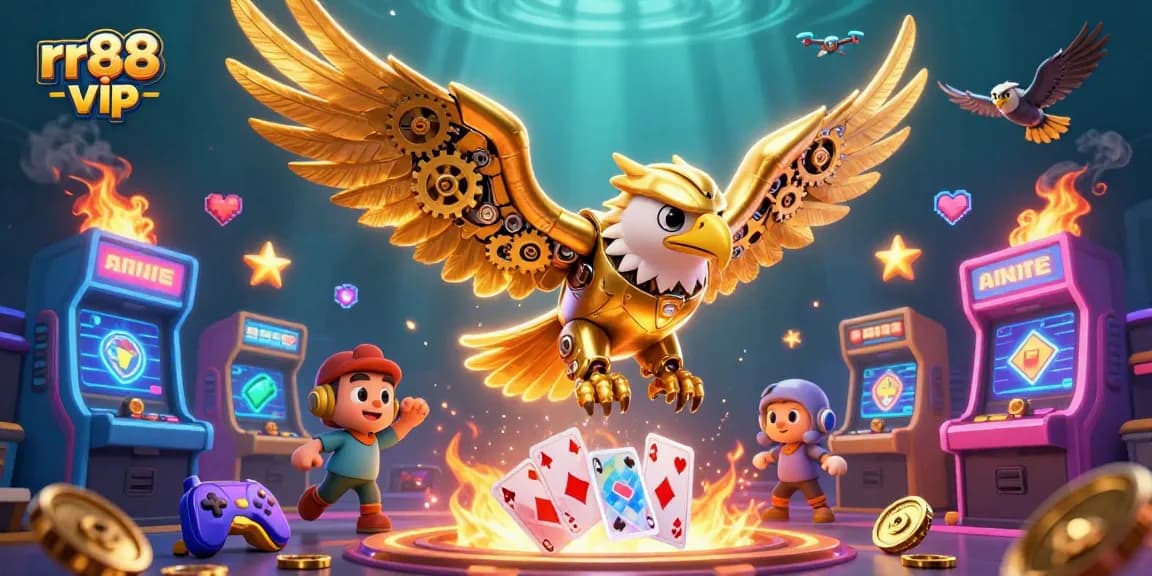 Experience thrilling gameplay at rr88 vip with a dynamic 3D illustration of a cybernetic eagle amidst casino elements.