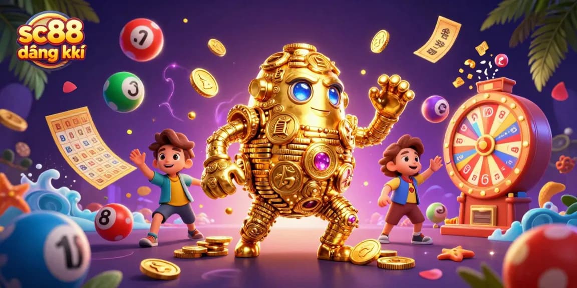 Experience the excitement of sc88 đăng ký, featuring a golden golem and vibrant gaming elements swirling dynamically.