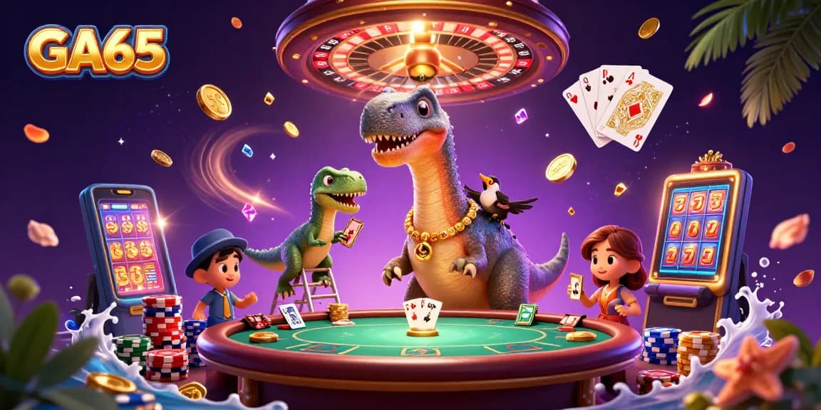 GA65 enhances casino excitement as a brontosaurus towers over a vibrant poker scene filled with lively game elements.