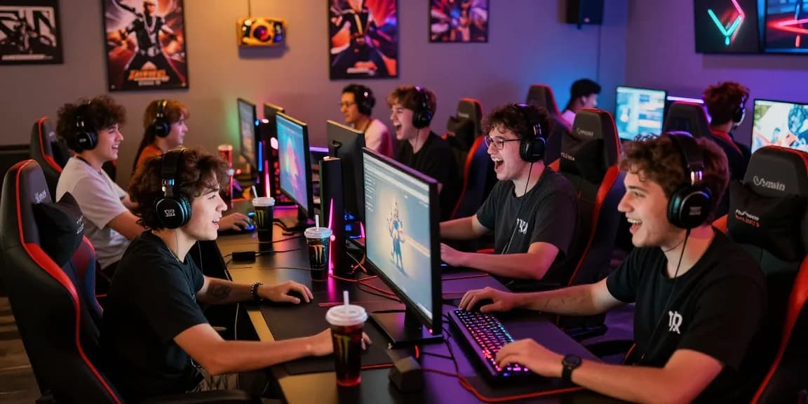 Pengalaman seru di https://honda555.net/ dengan gamer antusias di kafe gaming yang cerah dan berwarna-warni.