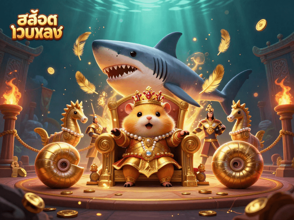 Experience thrilling gameplay with สล็อตเว็บตรง at a casino scene featuring a hamster king on a megalodon throne.