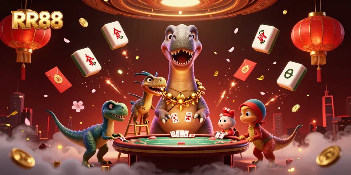Engage with RR88's dynamic casino scene featuring a towering dinosaur overseeing poker action with vibrant game elements.