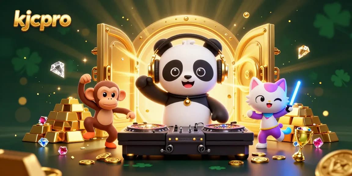 Experience the excitement at kjcpro with a vibrant casino scene featuring a DJ panda and dancing characters.