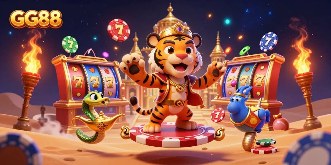 Win big with GG88 in a vibrant casino theme featuring dynamic slot reels and lively characters.