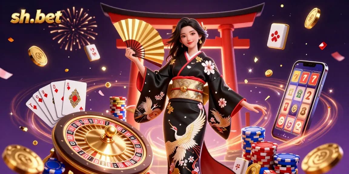 Experience the excitement of gaming at sh-bet with this vibrant 3D illustration featuring an elegant character amidst casino elements.