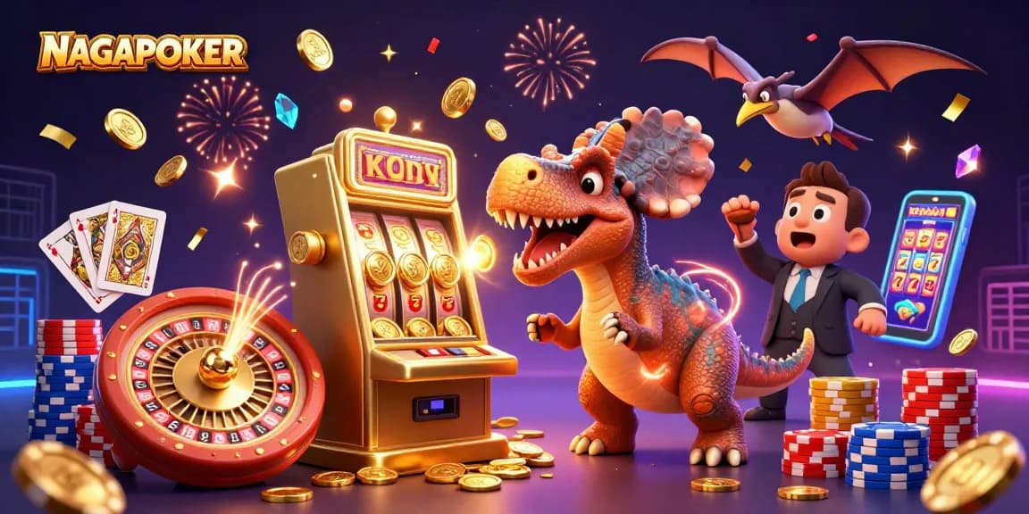 NAGAPOKER showcases a cartoon dinosaur winning jackpots at a vibrant casino scene with coins flying.