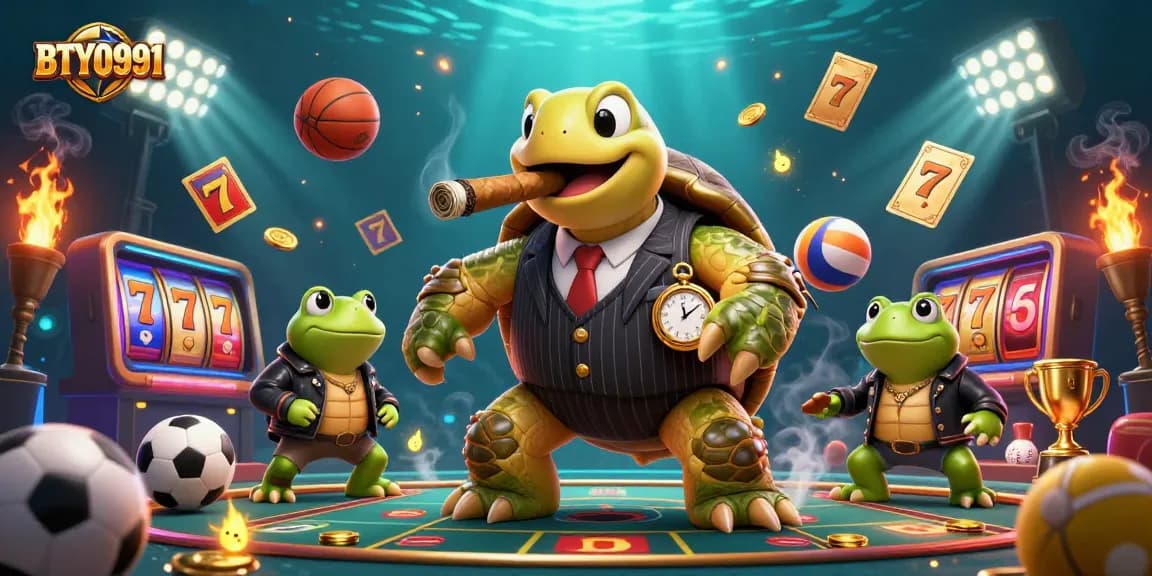 Join the fun at BTY0991 with a vibrant casino scene featuring a turtle mobster, sports elements, and exciting slot games.