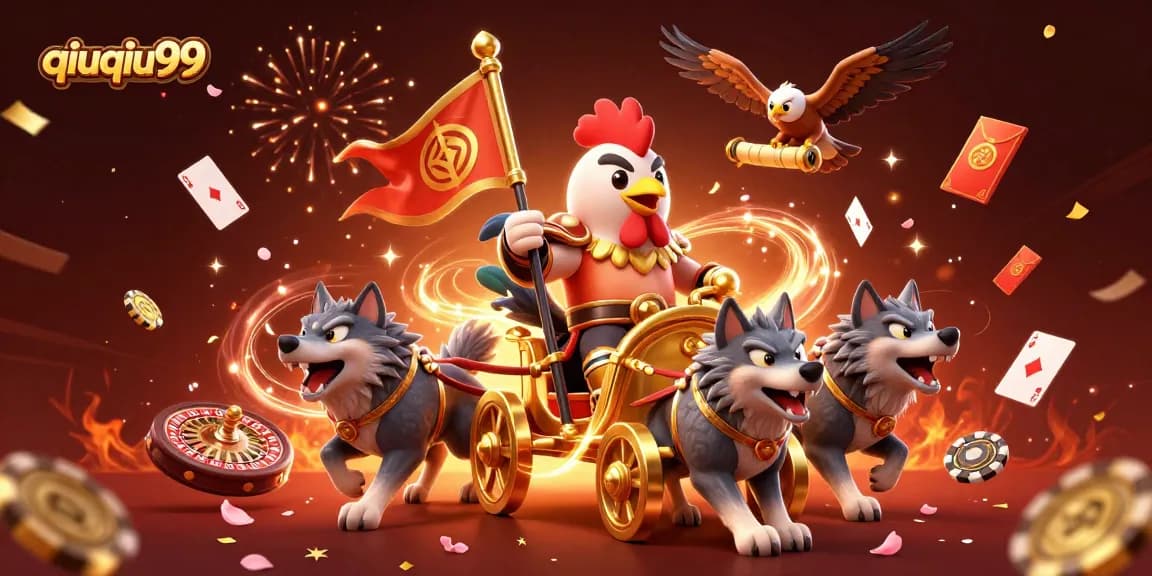 Experience thrilling gaming action with qiuqiu99, featuring a dynamic scene of poker elements and celebratory details.
