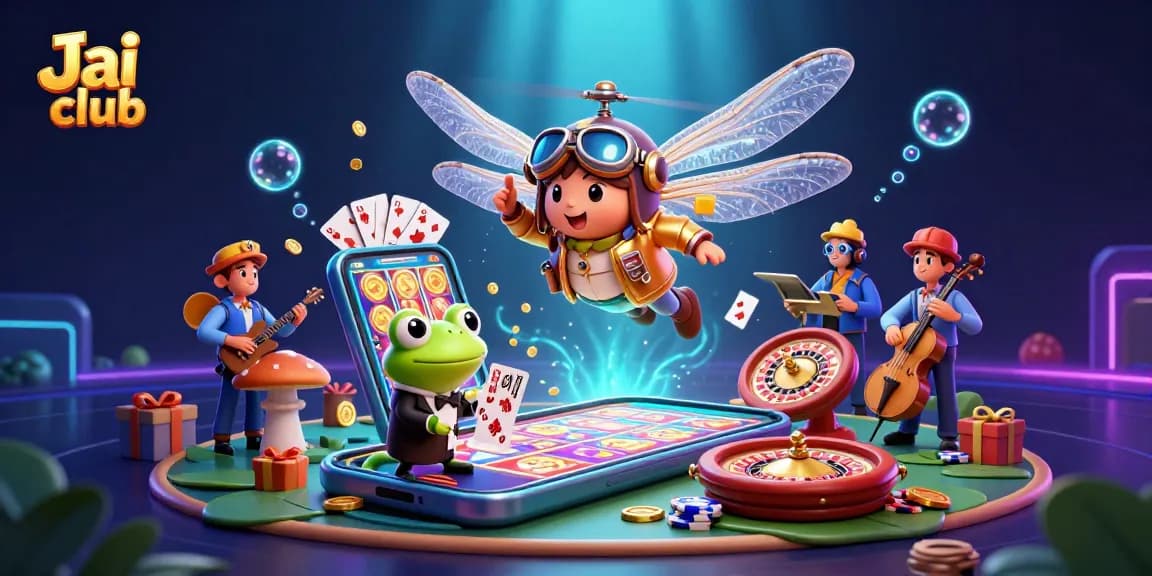 Engage with Jai club's exciting gaming experience featuring a cartoon scene of fun gameplay elements.