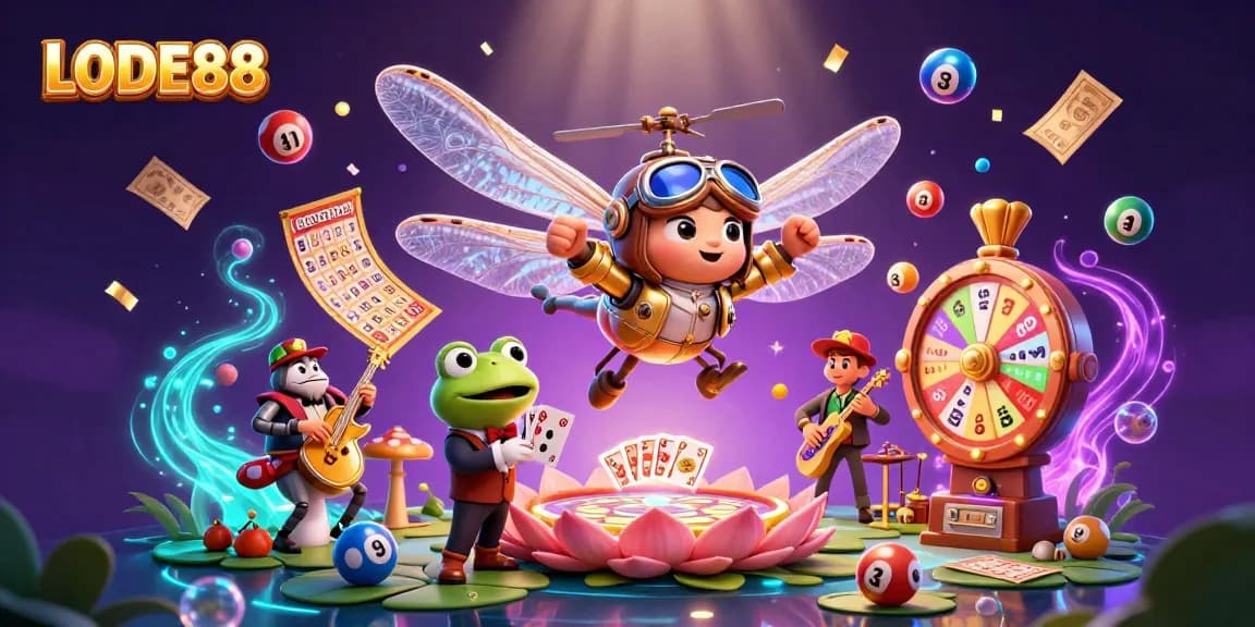 Experience LODE88 excitement as a dragonfly pilot and frog croupier deal cards amidst vibrant casino elements
