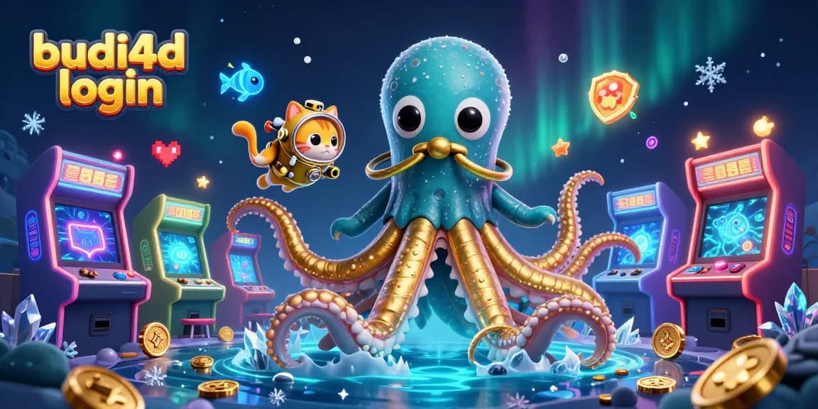 Budi4d login: Engage with a vibrant scene featuring a mythical kraken, diving cat, and arcade elements.