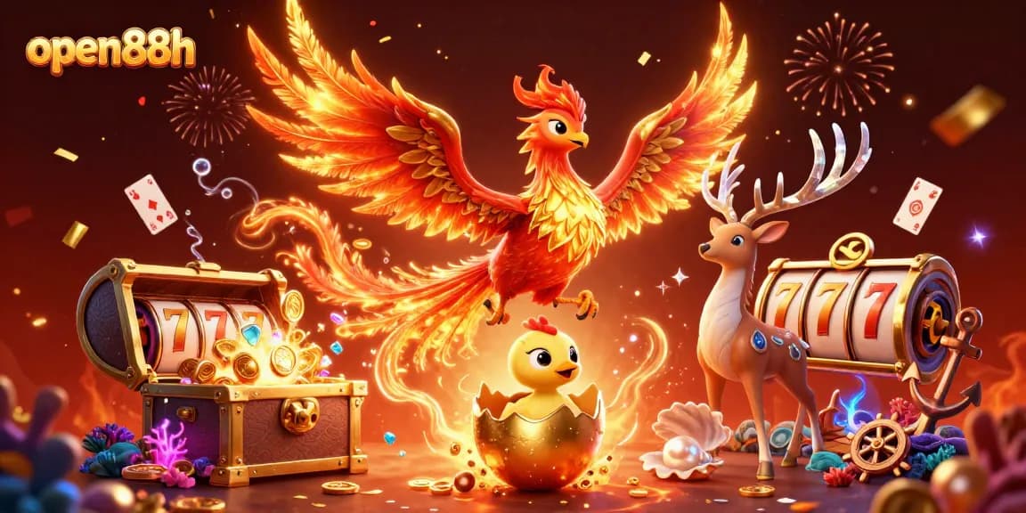 Engage with open88h and win at online slots with a dynamic phoenix and treasure scene.