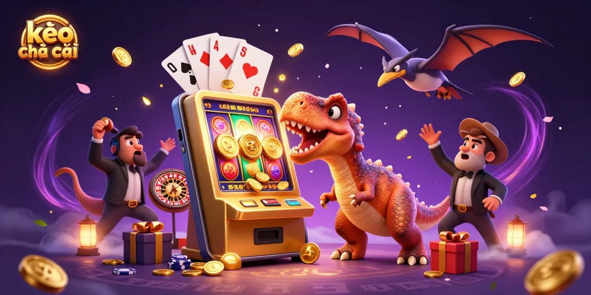 A playful scene depicting kèo nhà cái in a casino with dinosaurs and colorful game elements, highlighting excitement and action.