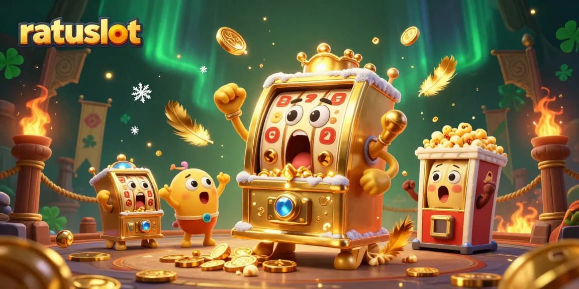 Experience the excitement at ratuslot with a golden slot machine hitting jackpots surrounded by cheering machines and dynamic casino elements.