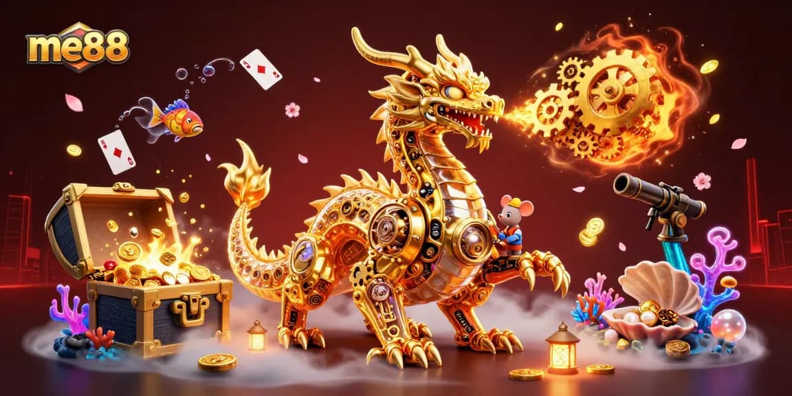 Experience thrilling wins at me88 online casino with a vibrant 3D illustration of a golden dragon and interactive gaming elements.