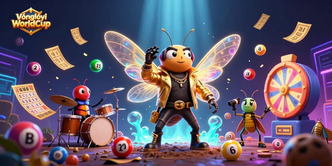 VòngloạiWorldCup features a buzzing cicada rock star with vibrant lottery elements promoting excitement.