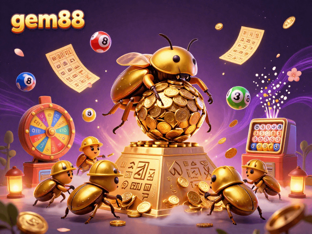 Experience the thrill of gem88 as golden beetles engage in lottery activities amidst vibrant casino elements.