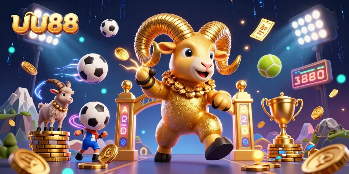 uu88 offers a thrilling sports betting adventure with golden ram and coins amidst dynamic elements
